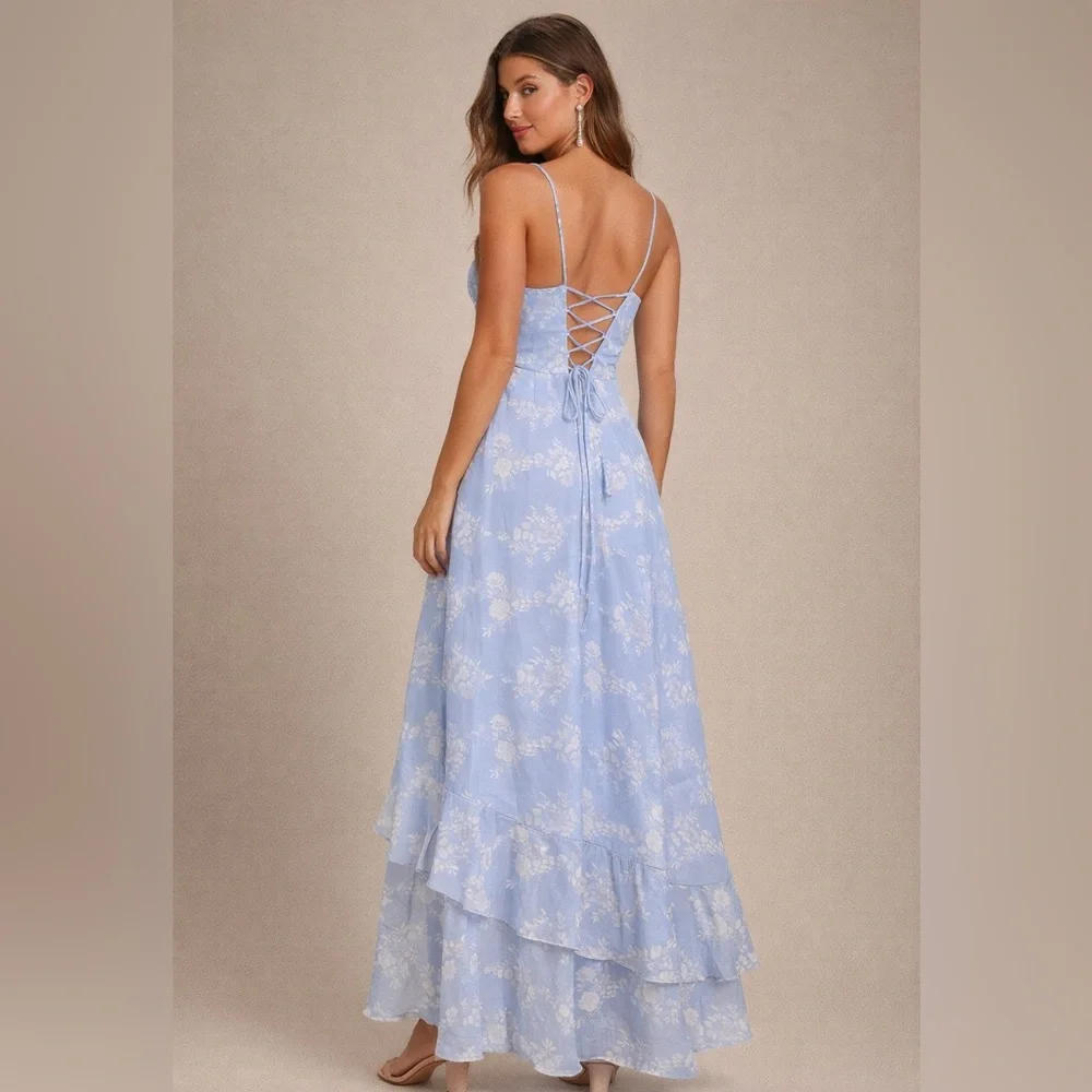 Lulus NEW In Love Forever Maxi Dress Size XL Floral Lace Up Back Ruffle Tiered - Picture 2 of 12